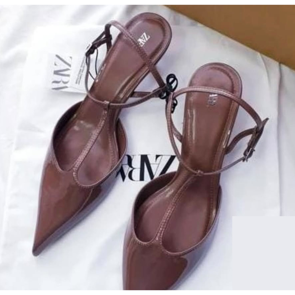 Zara NWT Brown Patent T Strap Slingback Pointed Toe Kitten Heels 9 10 - Picture 10 of 16